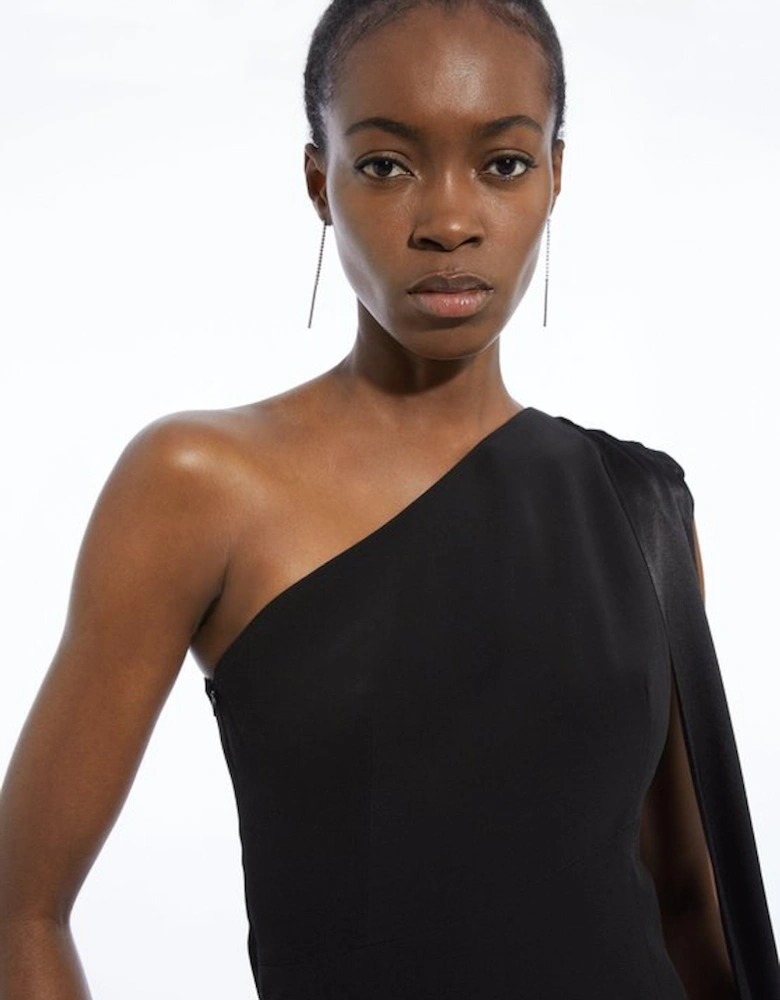 Viscose Satin Back Crepe Tailored One Shoulder Cape Maxi Dress
