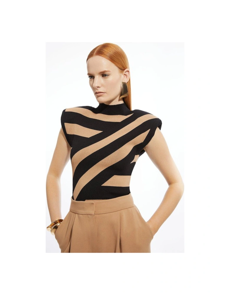 Viscose Blend Jacquard Stripe Power Shoulder Knit Top