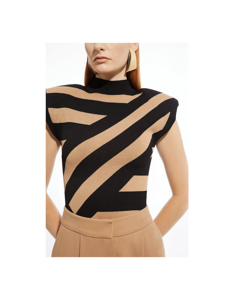Viscose Blend Jacquard Stripe Power Shoulder Knit Top