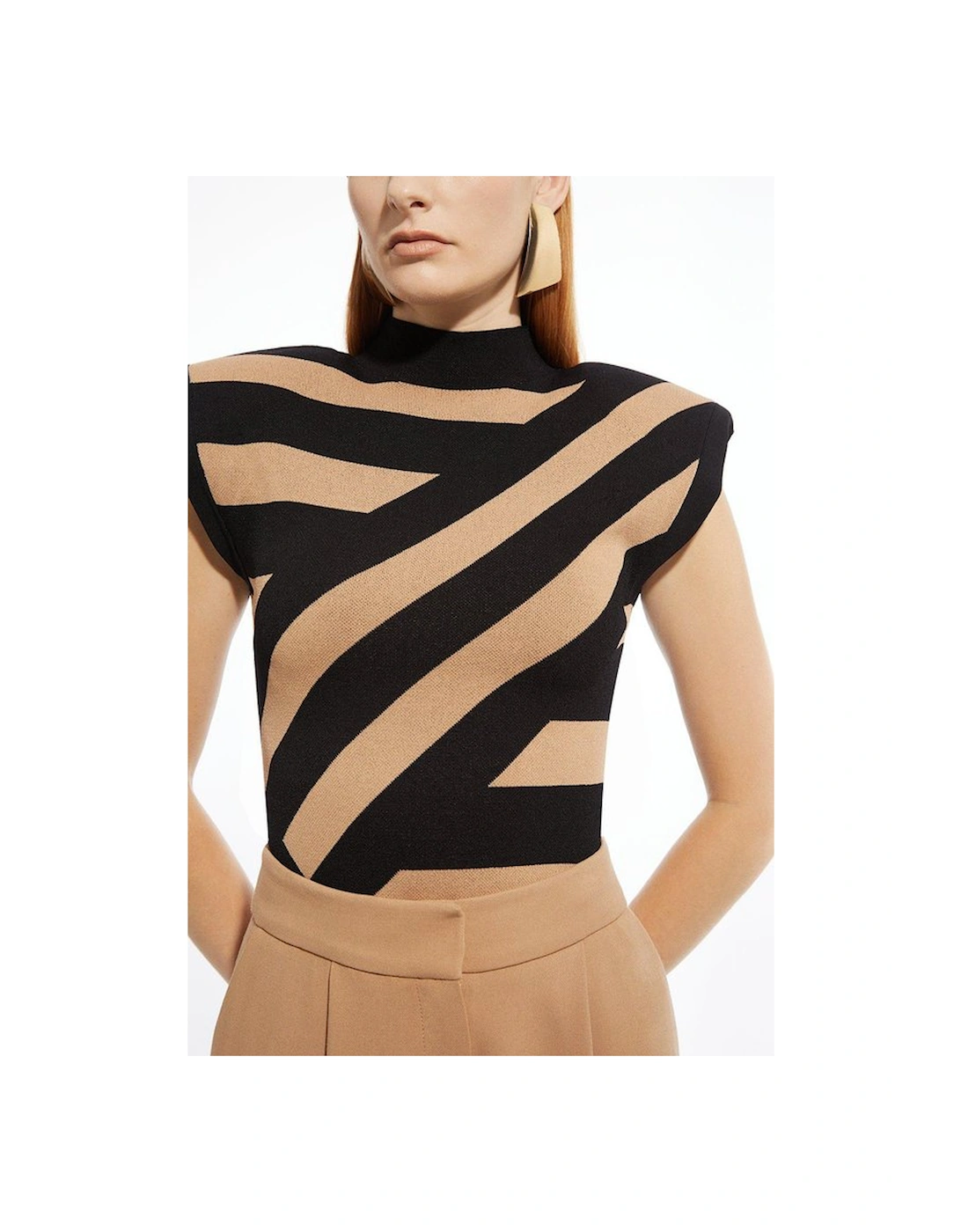 Viscose Blend Jacquard Stripe Power Shoulder Knit Top