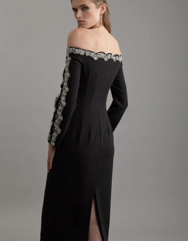Crystal Embellished Scalloped Bardot Tailored Midaxi Dress