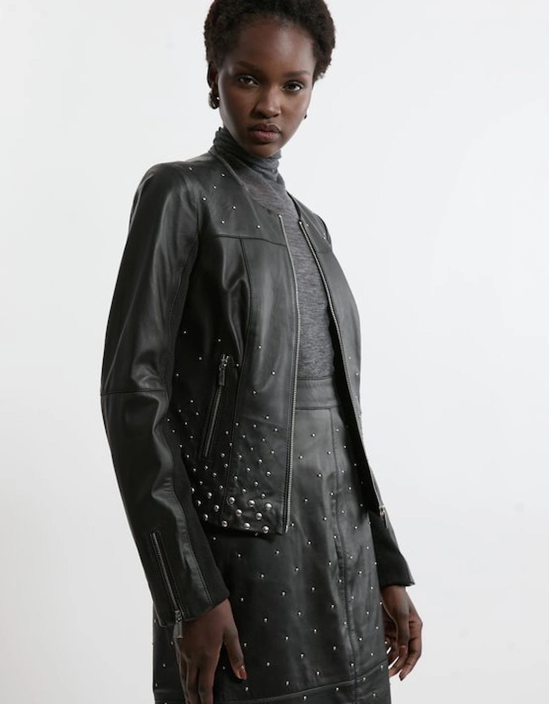 Studded Leather Collarless Biker Jacket, 5 of 4