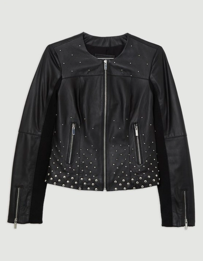 Studded Leather Collarless Biker Jacket