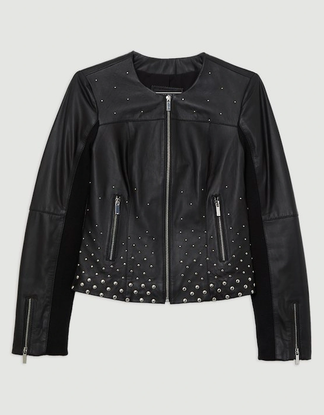 Studded Leather Collarless Biker Jacket