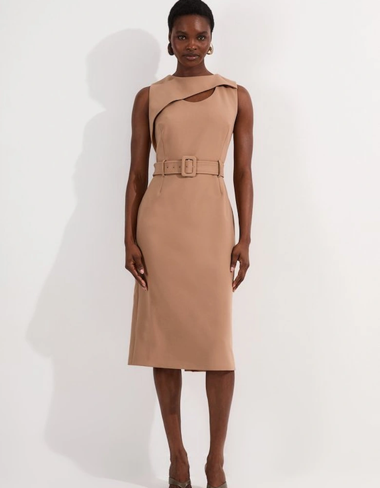 Compact Stretch Belted Pencil Midi Dress