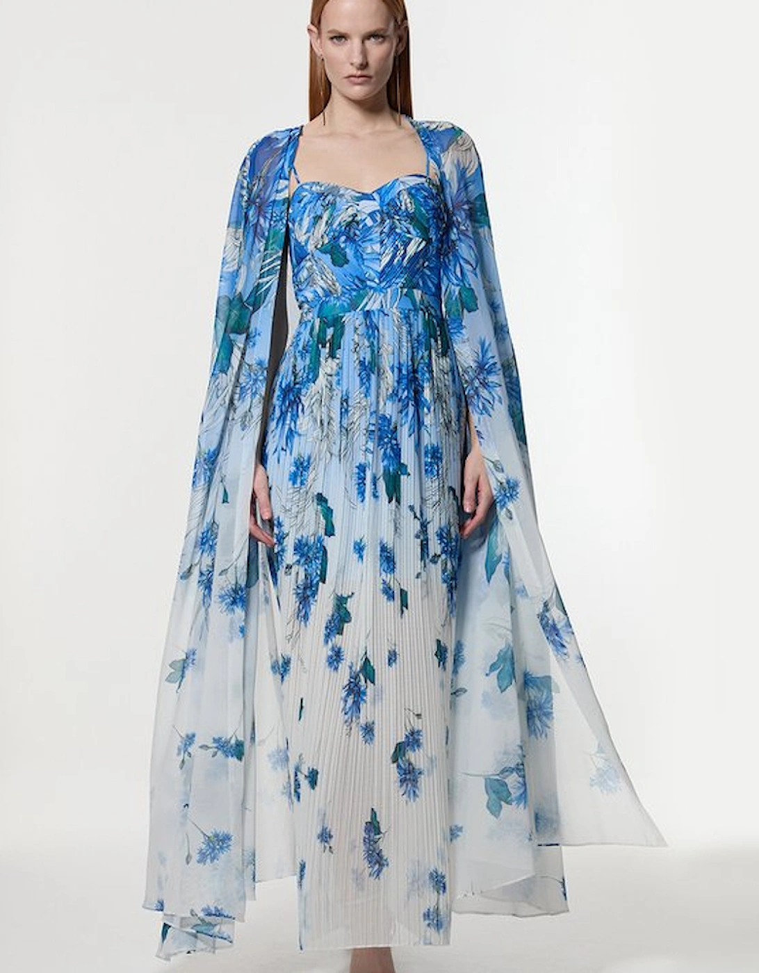 Scattered Floral Print Woven Pleated Cape Maxi Dress, 5 of 4