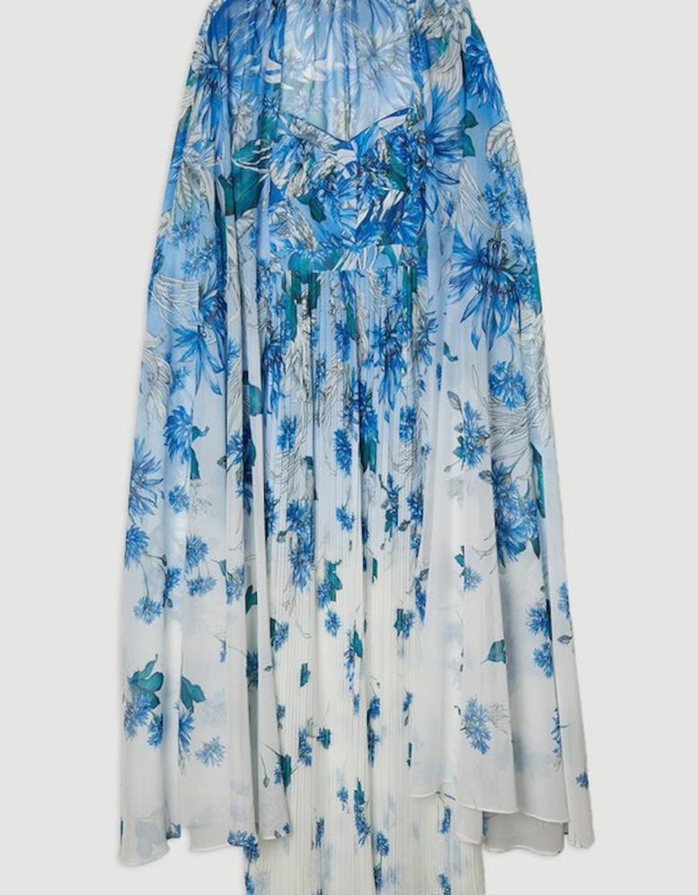 Scattered Floral Print Woven Pleated Cape Maxi Dress