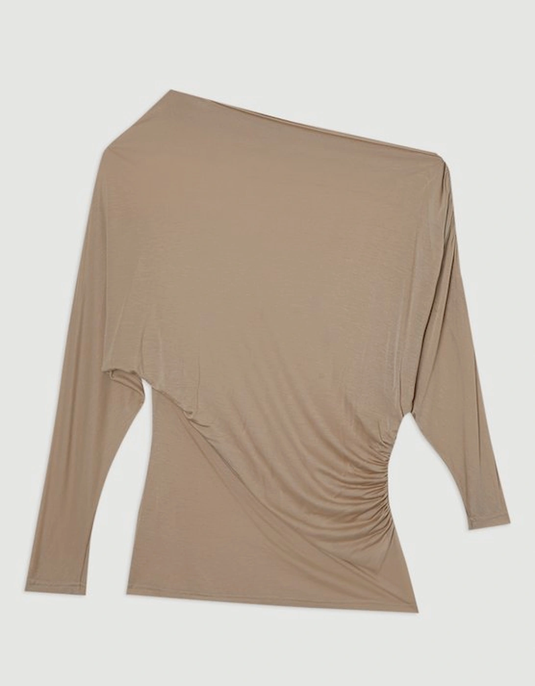 Tencel Ruched Asymmetric Neck Long Sleeve Top