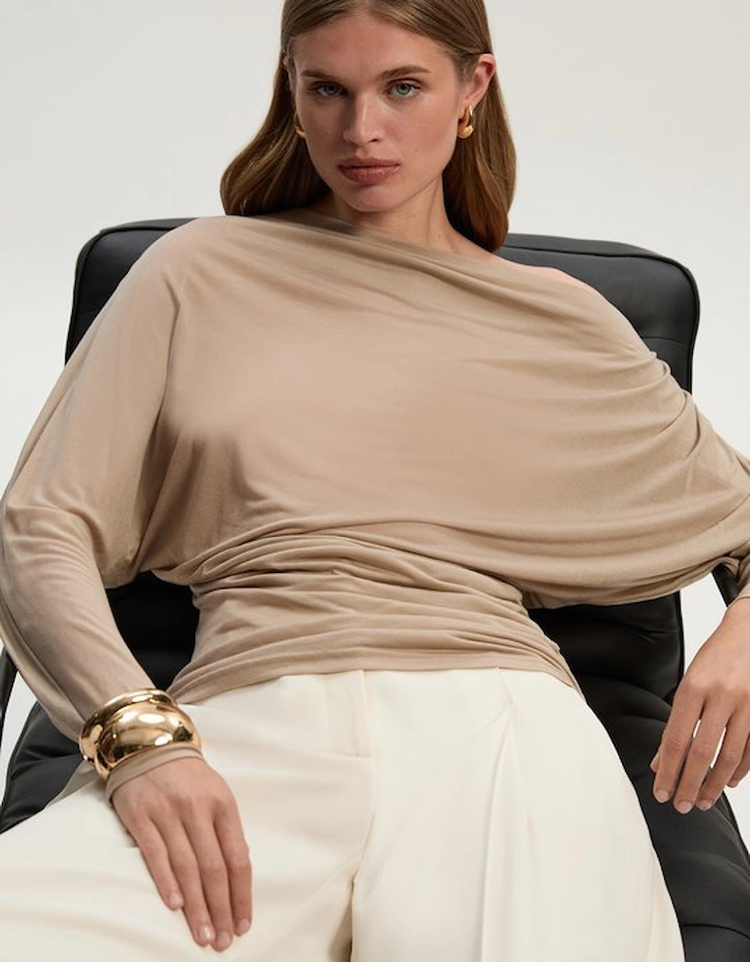 Tencel Ruched Asymmetric Neck Long Sleeve Top