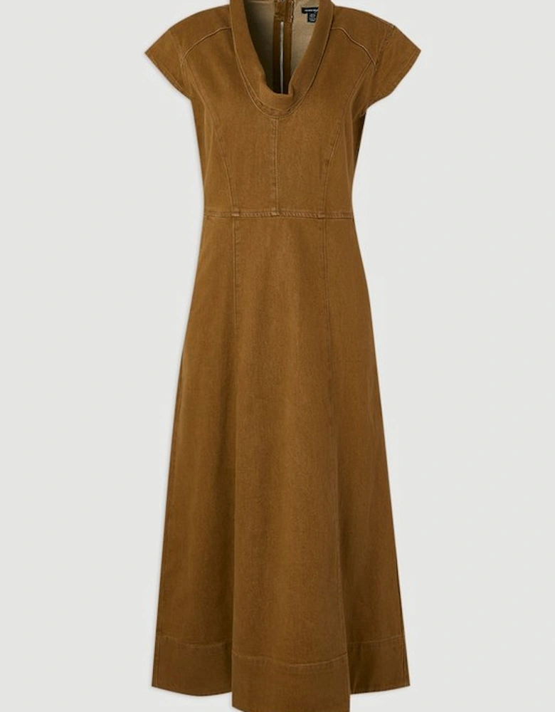 Denim Cowl Neck Midi Dress