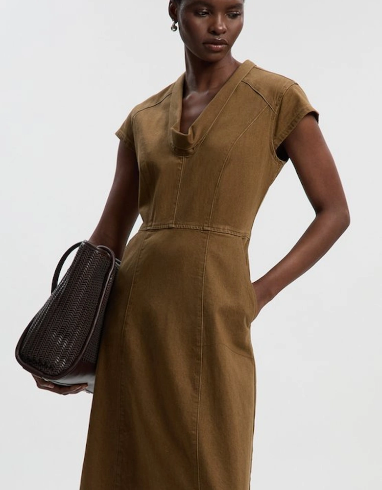 Denim Cowl Neck Midi Dress