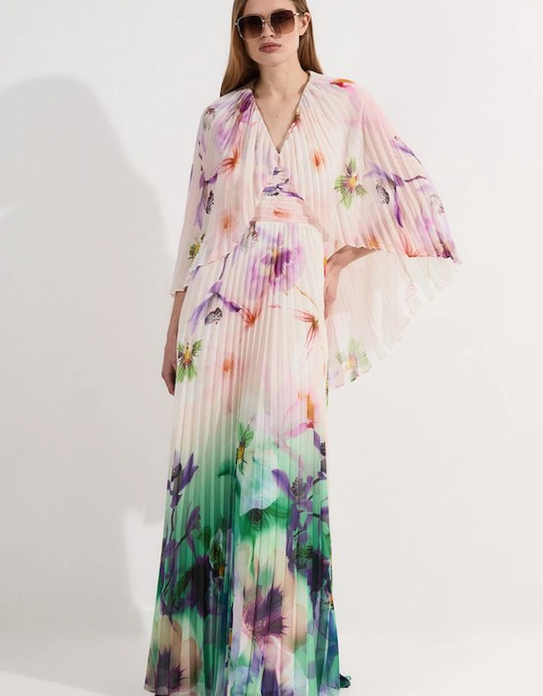 Pleated Floral Cape Sleeve Plunge Neck Woven Maxi Dress