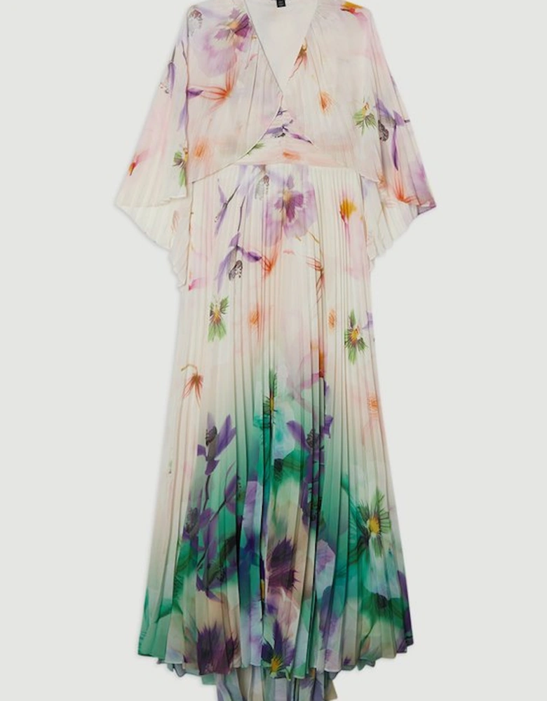 Pleated Floral Cape Sleeve Plunge Neck Woven Maxi Dress