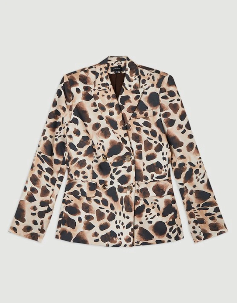 Structured Viscose Satin Animal Print Double Breasted Blazer