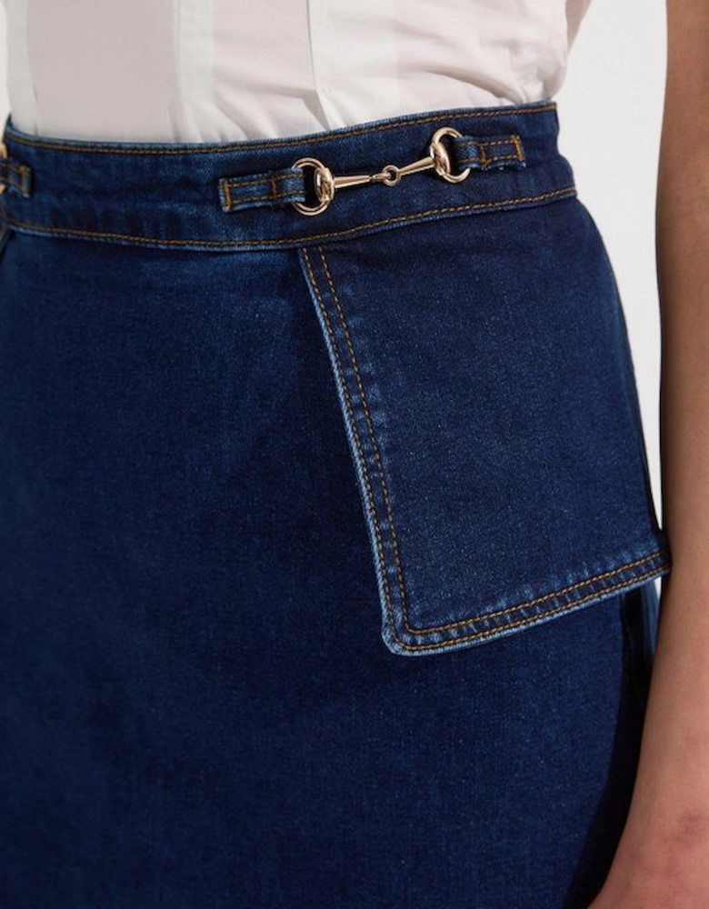Petite Stretch Denim Snaffle Trim Midi Skirt