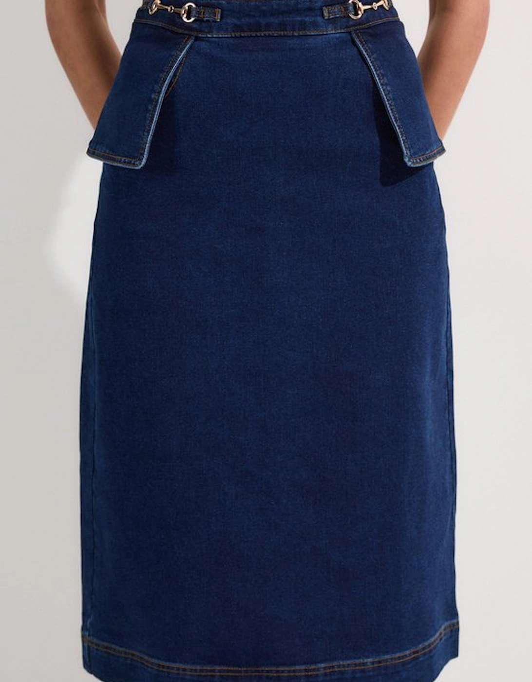 Petite Stretch Denim Snaffle Trim Midi Skirt