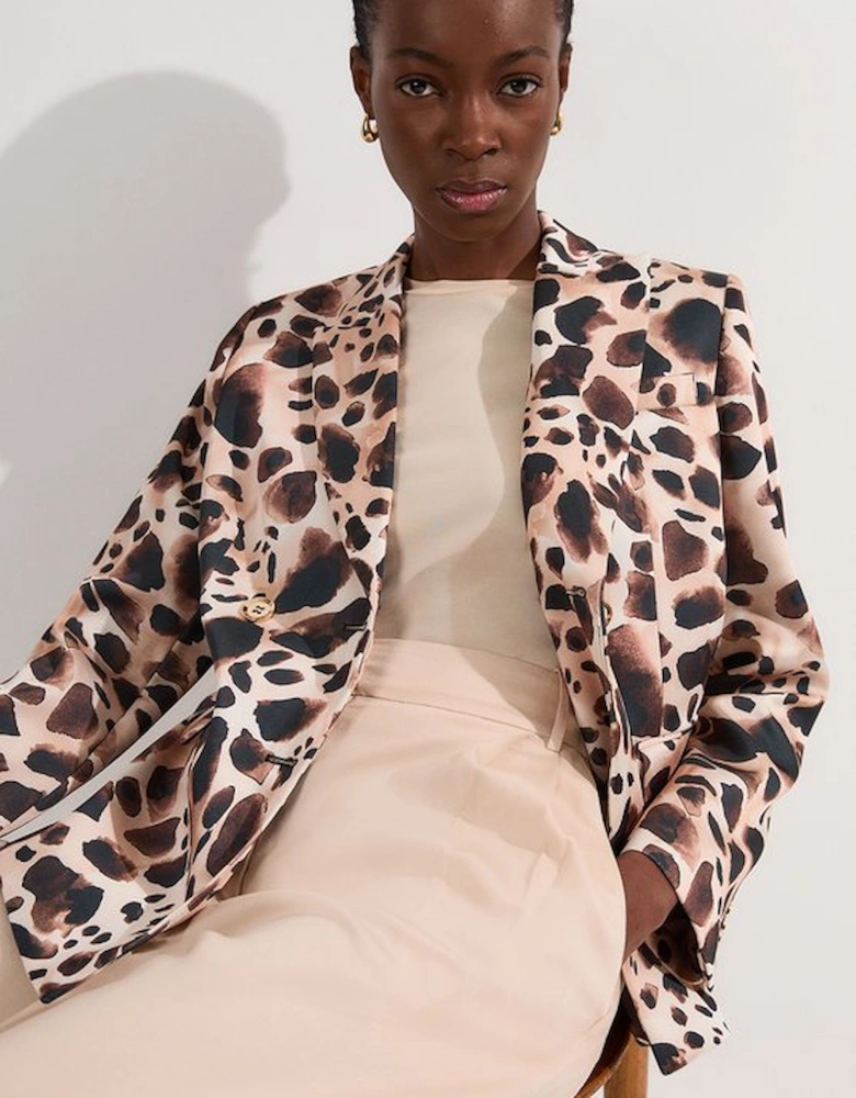Structured Viscose Satin Animal Print Double Breasted Blazer