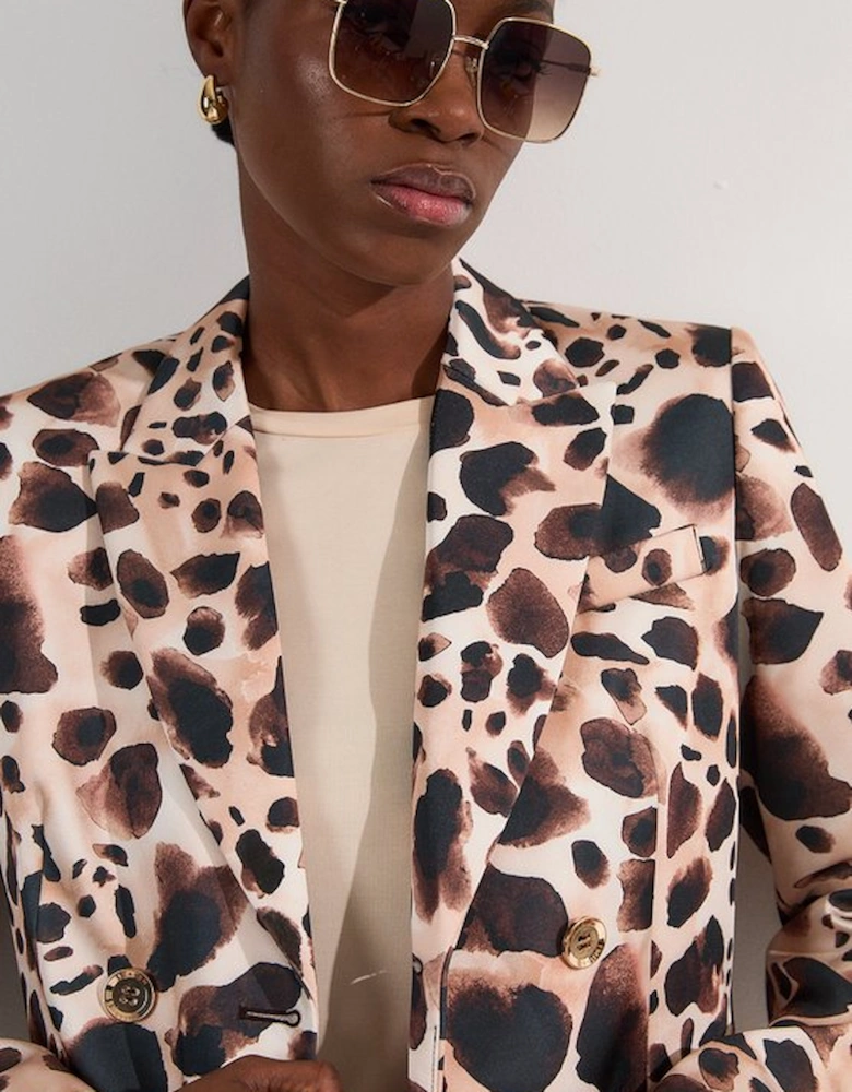 Structured Viscose Satin Animal Print Double Breasted Blazer