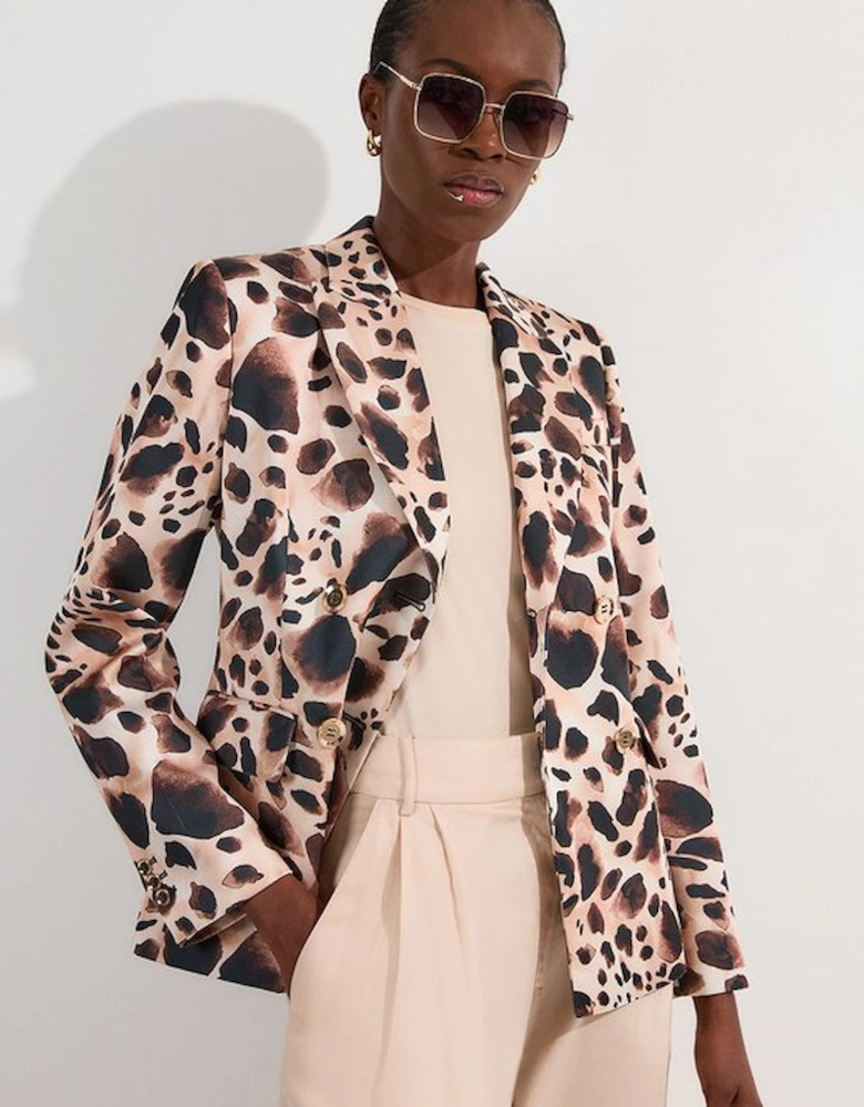 Structured Viscose Satin Animal Print Double Breasted Blazer