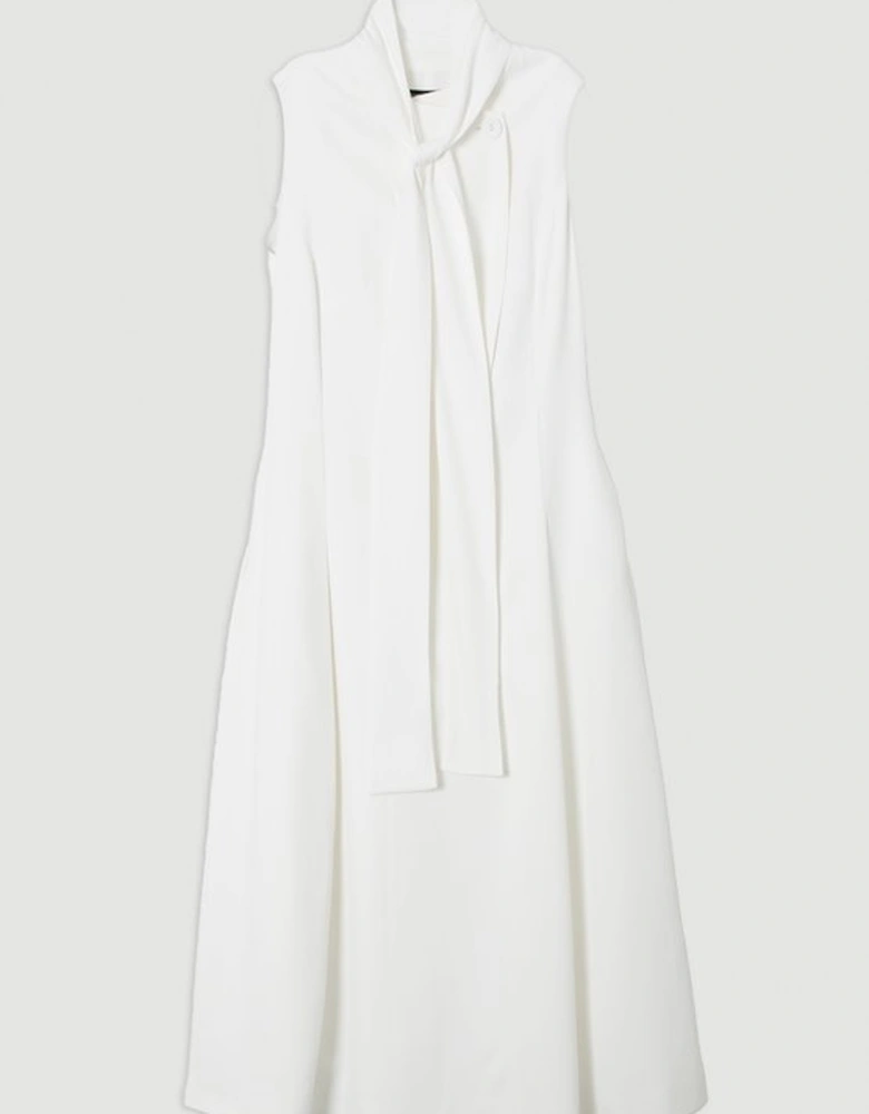 Compact Stretch Viscose Tie Neck Tailored Full Skirted Midi Dress