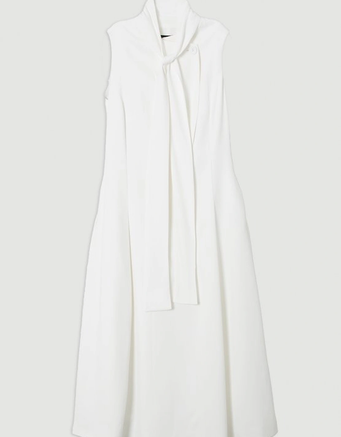 Compact Stretch Viscose Tie Neck Tailored Full Skirted Midi Dress