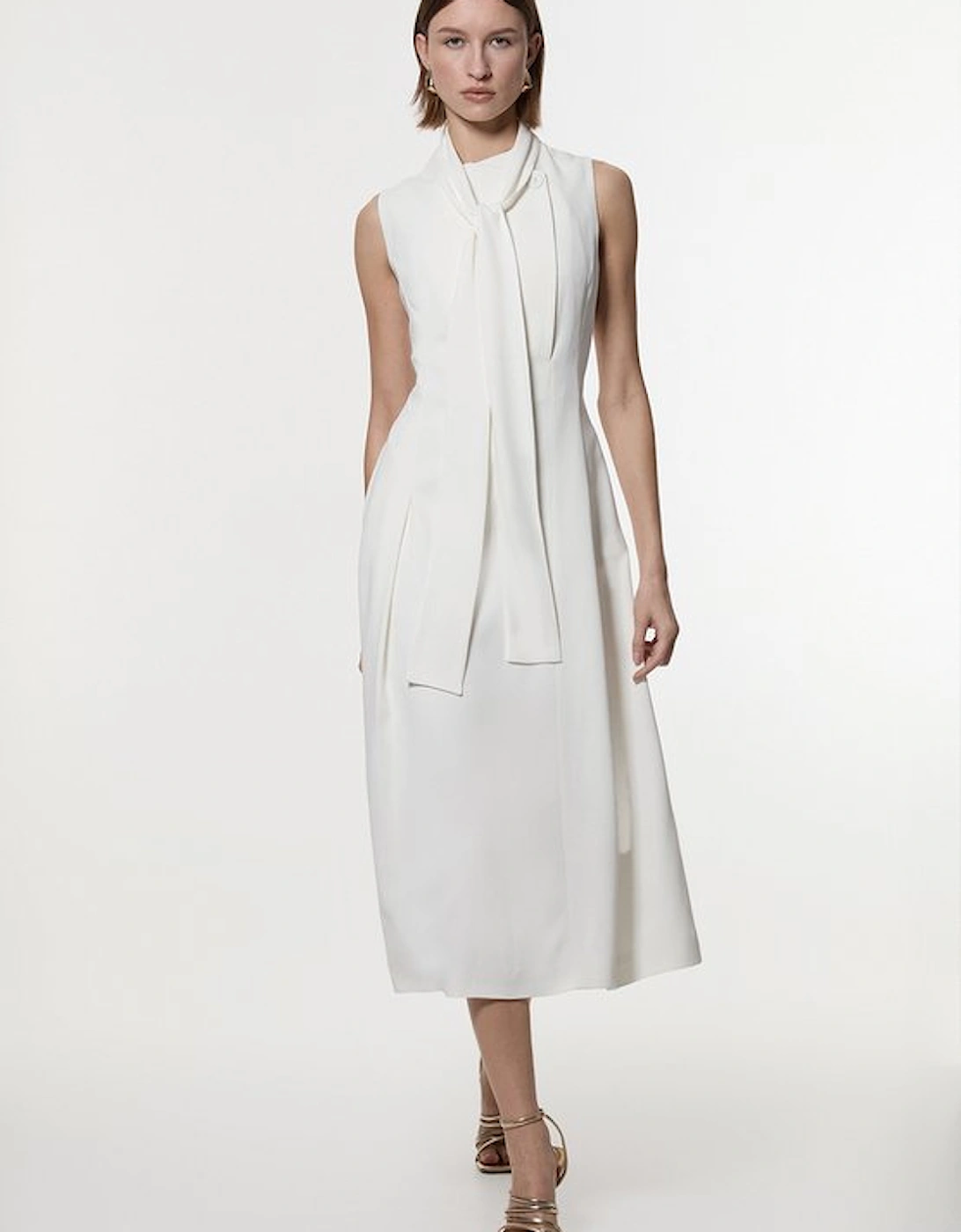 Compact Stretch Viscose Tie Neck Tailored Full Skirted Midi Dress, 5 of 4
