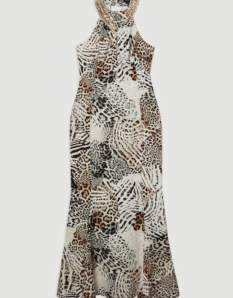 Leopard Viscose Woven Maxi Dress With Gold Chain Neck Detail