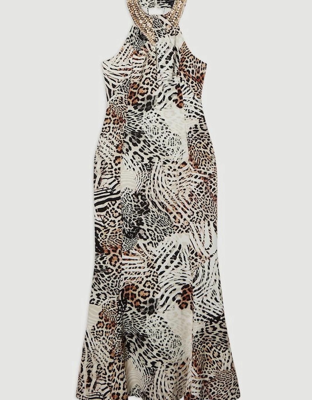 Leopard Viscose Woven Maxi Dress With Gold Chain Neck Detail