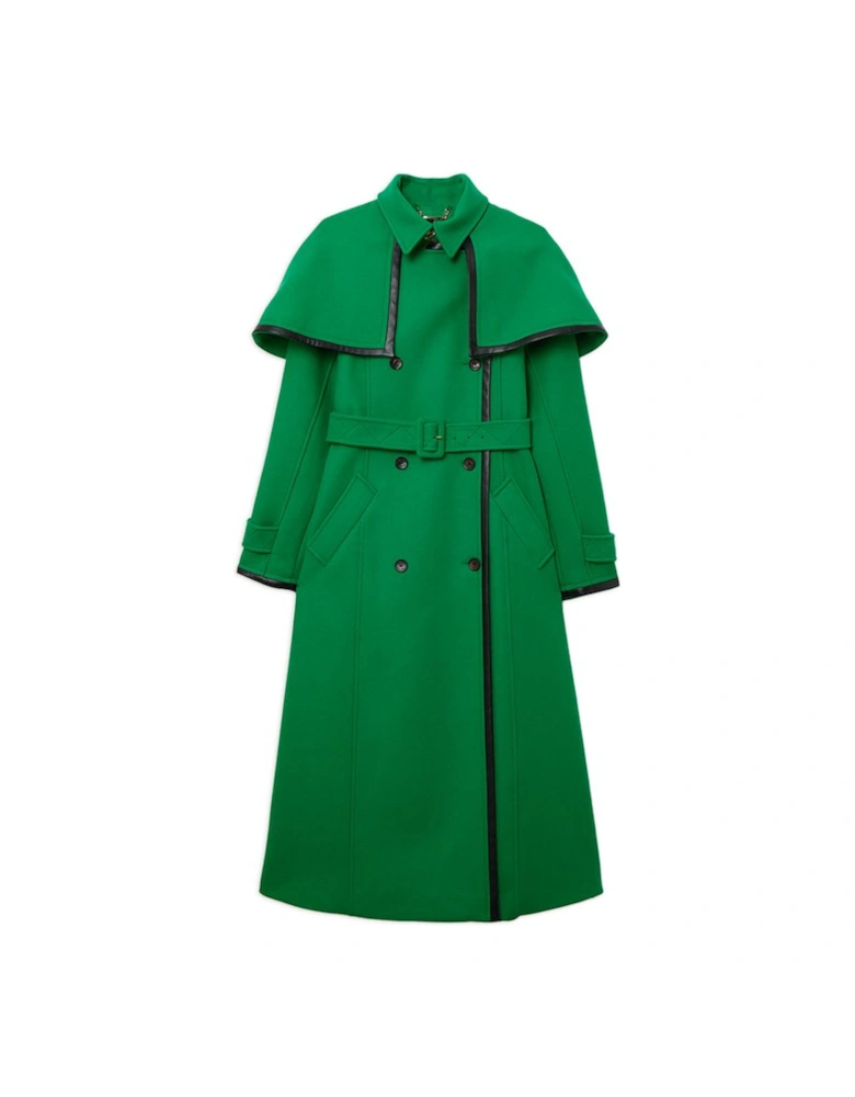 Premium Italian Manteco Wool Pu Tipped Storm Flap Cape Full Skirted Tailored Midaxi Coat