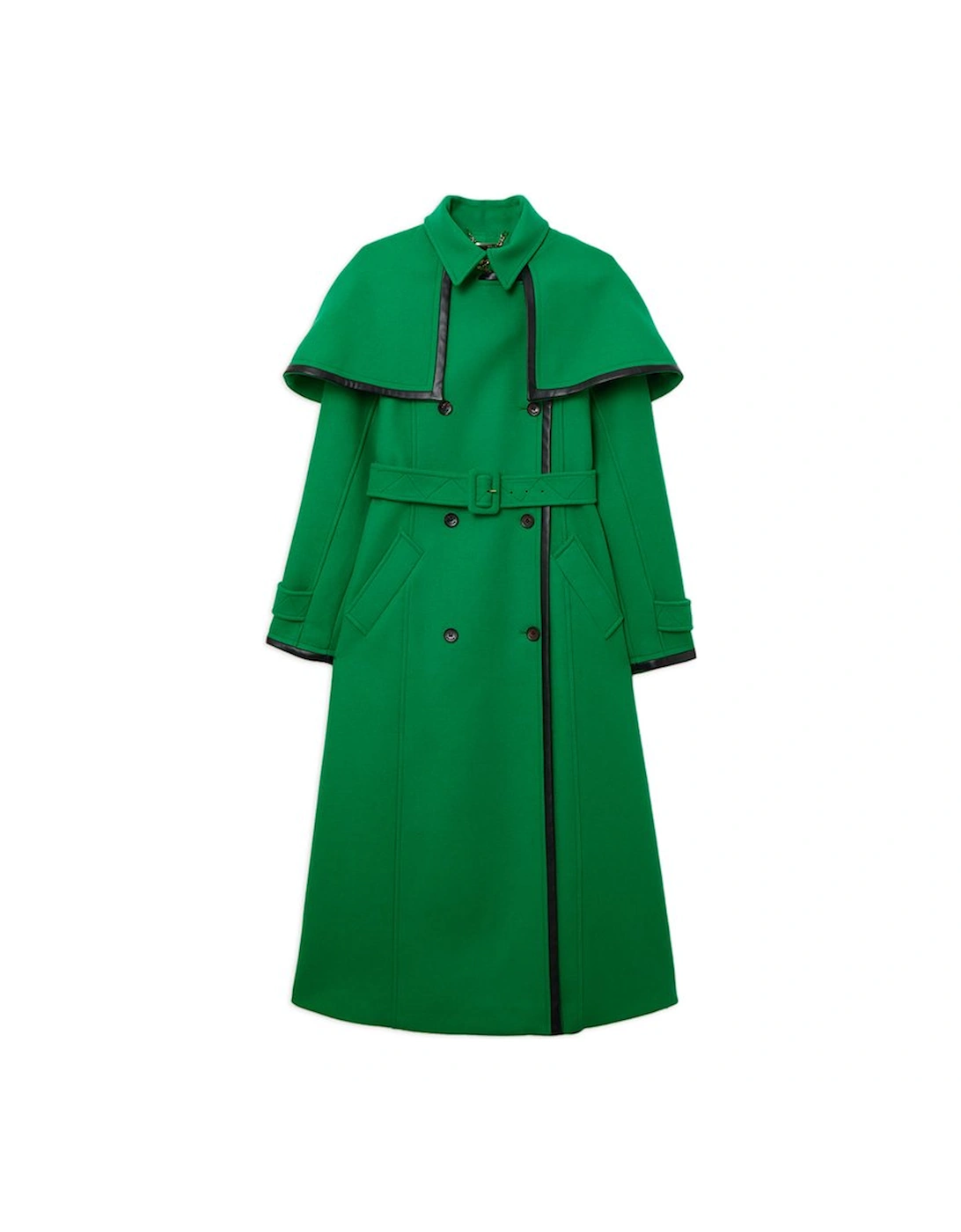 Premium Italian Manteco Wool Pu Tipped Storm Flap Cape Full Skirted Tailored Midaxi Coat