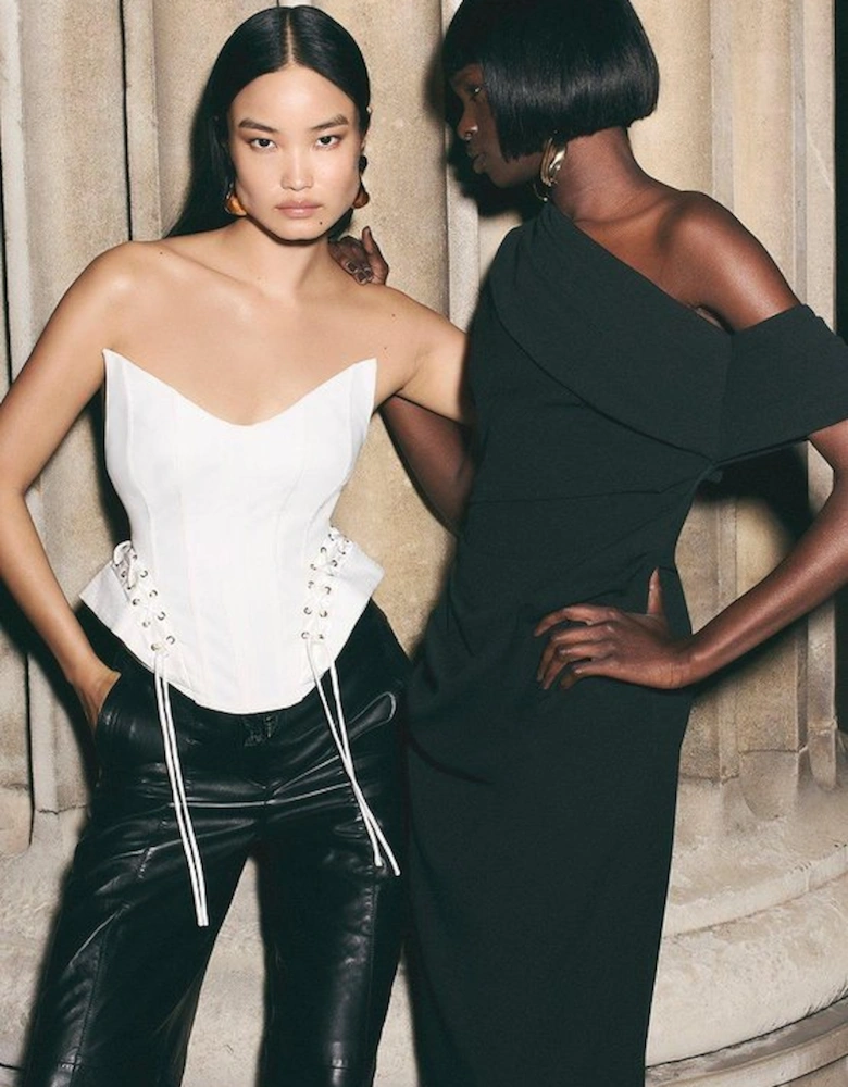 Structured Crepe Asymmetric Tailored Pencil Midi Dress