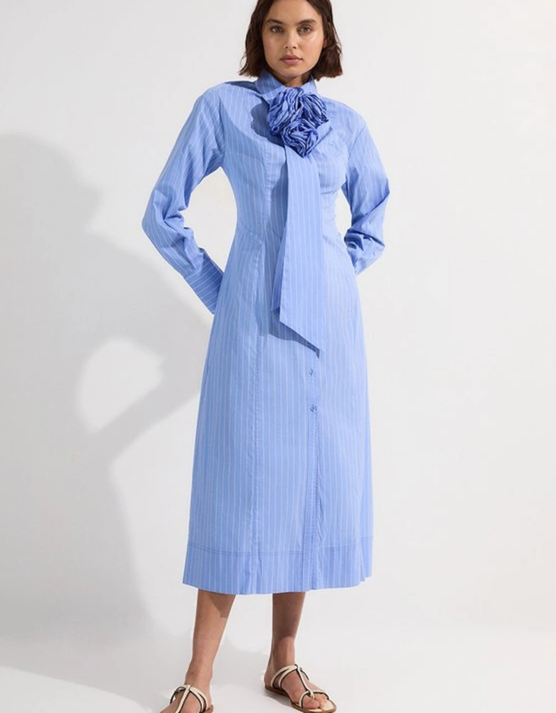 Petite Stripe Cotton Rosette Woven Shirt Maxi Dress