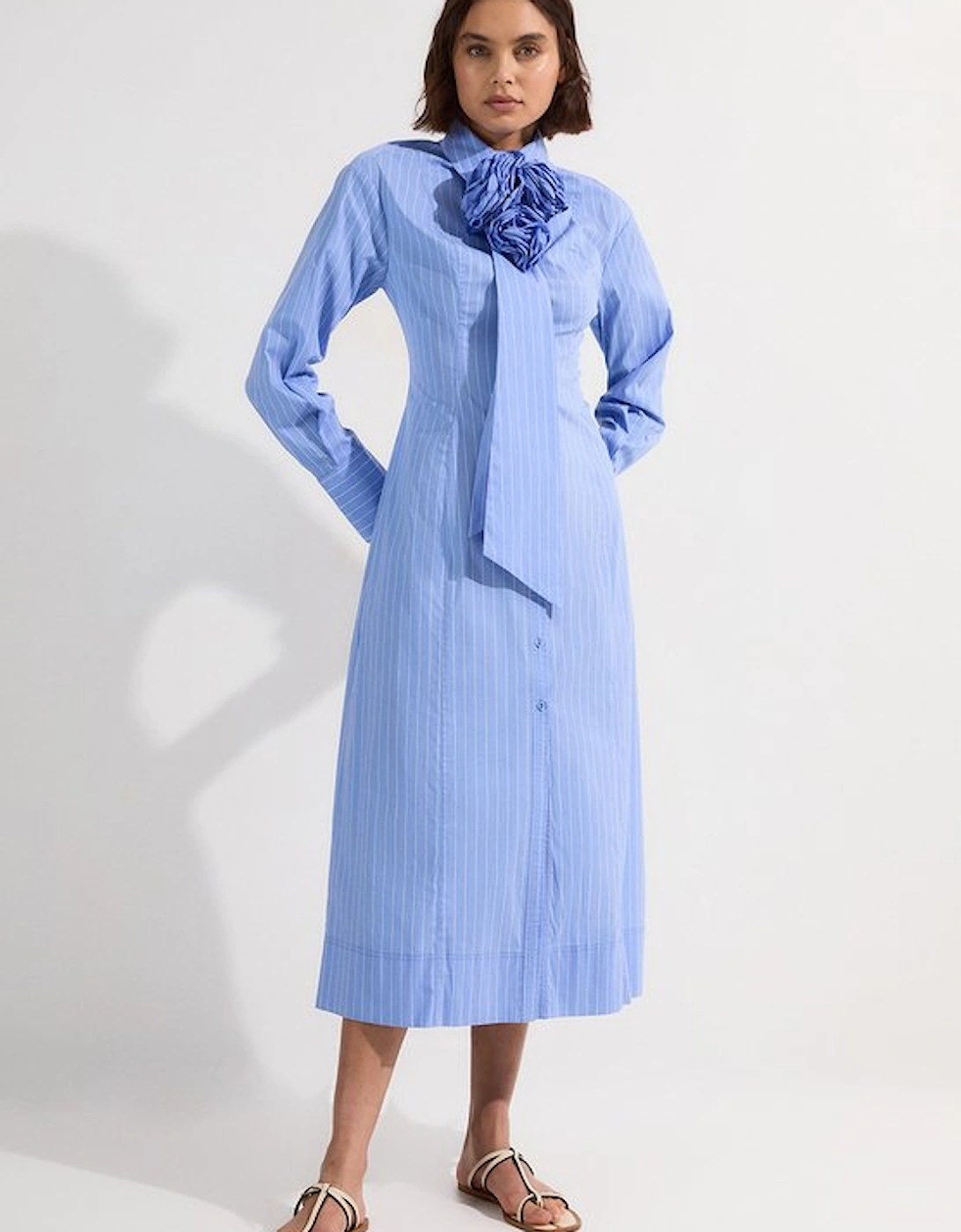 Petite Stripe Cotton Rosette Woven Shirt Maxi Dress