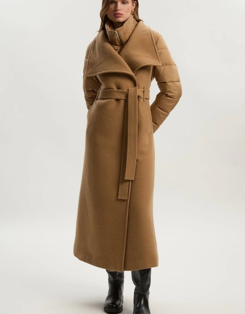 Wool Blend Hybrid Puffer Belted Midi Coat