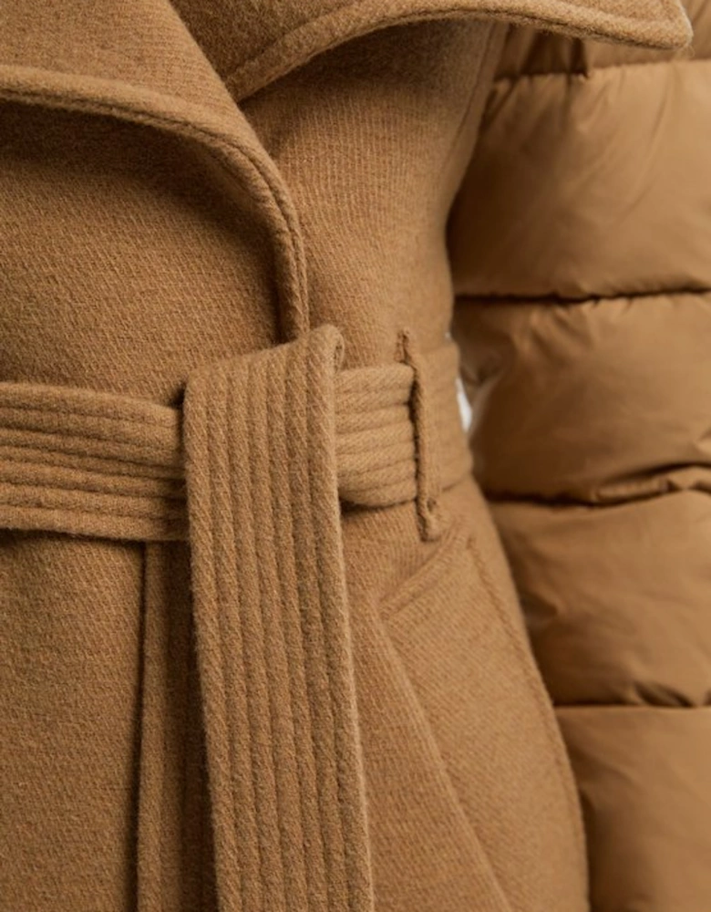 Wool Blend Hybrid Puffer Belted Midi Coat