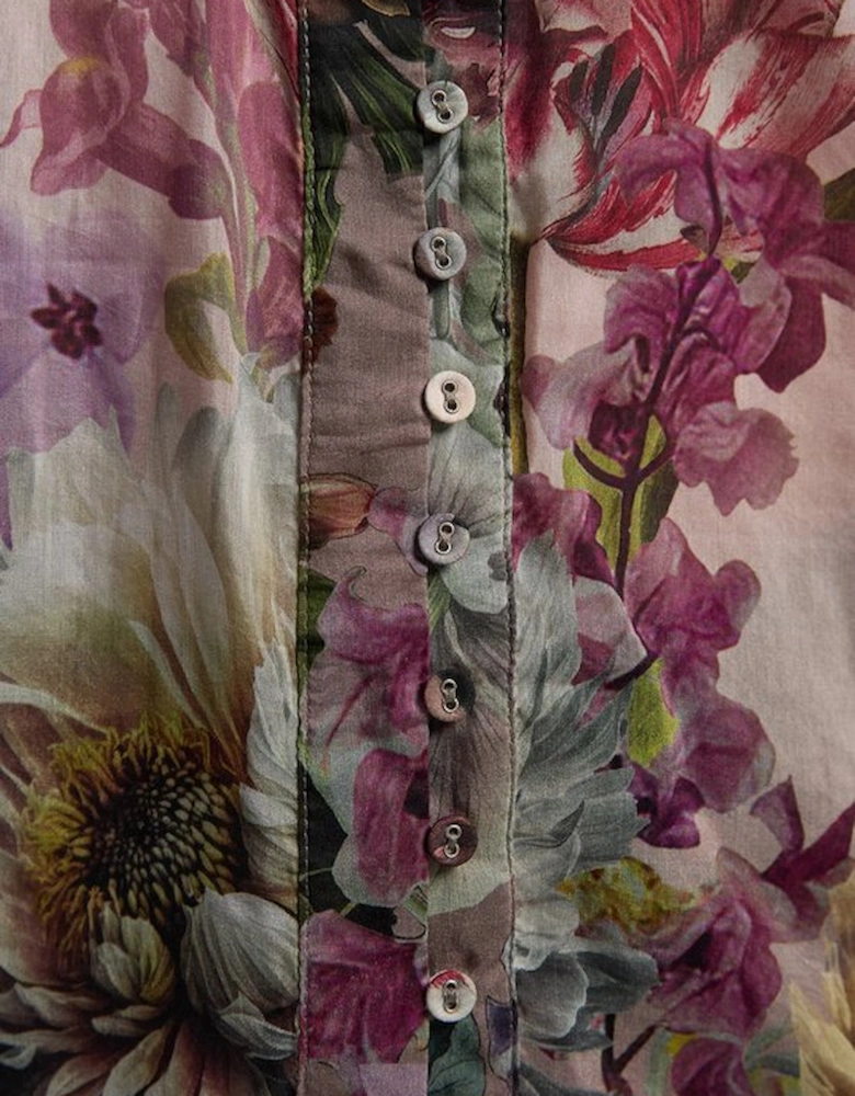 Petite Floral Print Silk Cotton Long Sleeve Woven Blouse