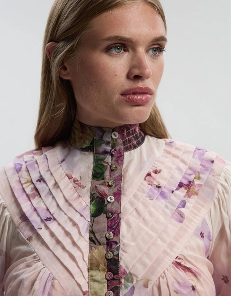 Petite Floral Print Silk Cotton Long Sleeve Woven Blouse