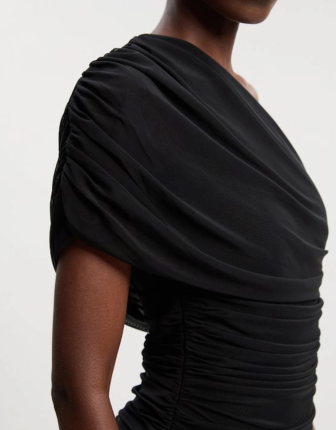 Bandage Mesh Gathered Asymmetric Neck Knitted Maxi Dress