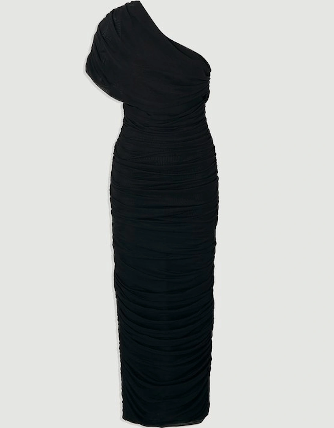 Bandage Mesh Gathered Asymmetric Neck Knitted Maxi Dress