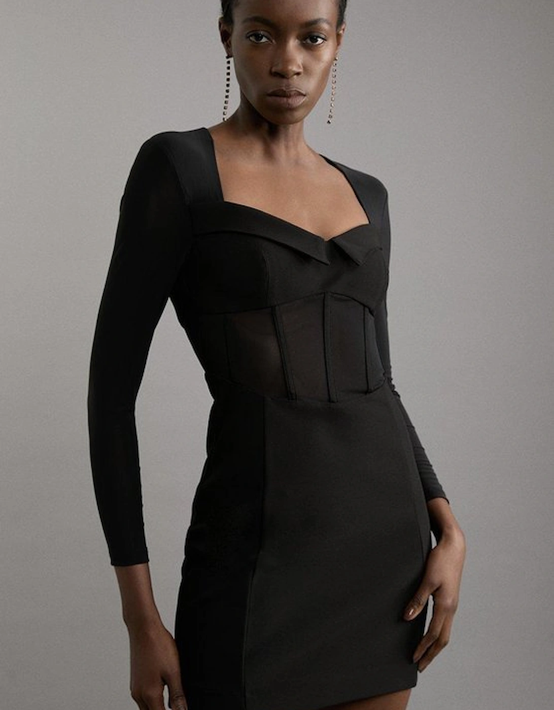 Petite Scuba Crepe And Power Mesh Corset Detail Mini Dress, 5 of 4
