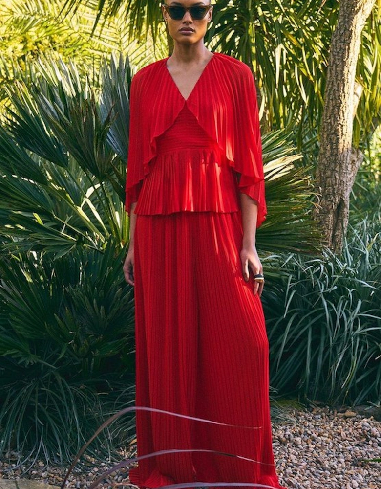 Pleated Cape Sleeve Plunge Neck Woven Top