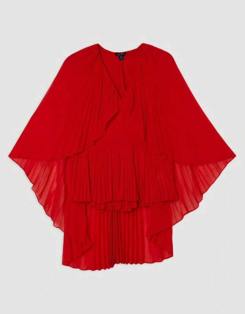 Pleated Cape Sleeve Plunge Neck Woven Top