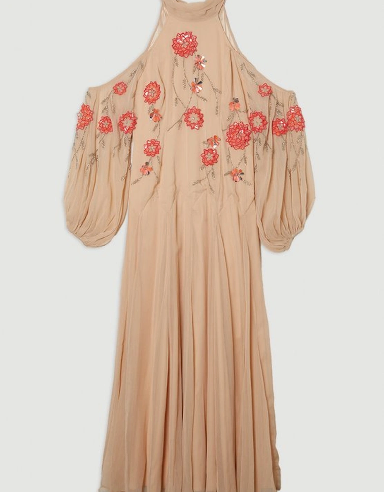 Cold Shoulder 3D Floral Applique Woven Maxi Dress