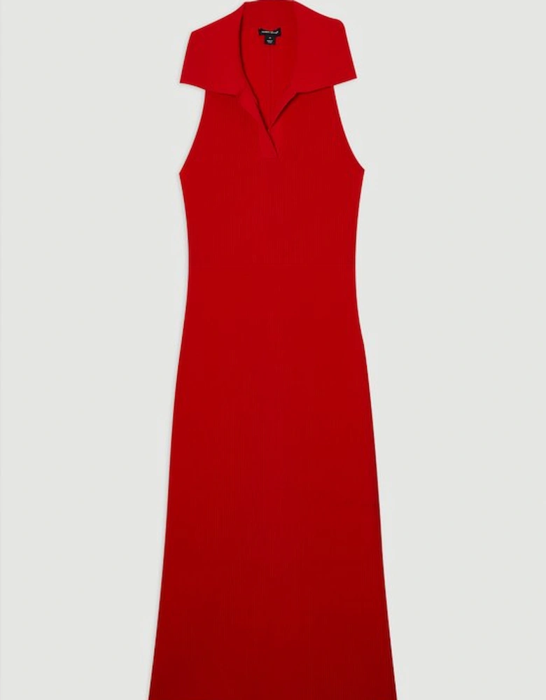 Ottoman Stitch Sleeveless Collar Detail Knitted Midi Dress