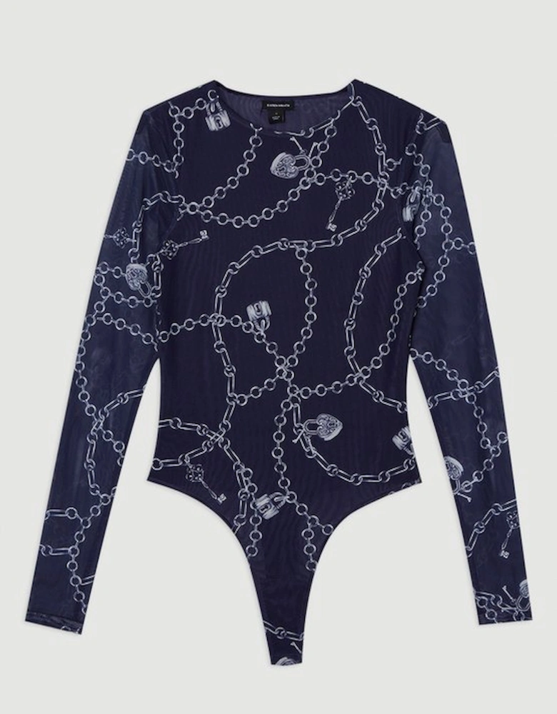 Long Sleeved Chain Print Mesh Bodysuit