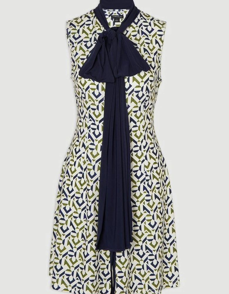Geo Print Crepe Tie Neck Mini Dress