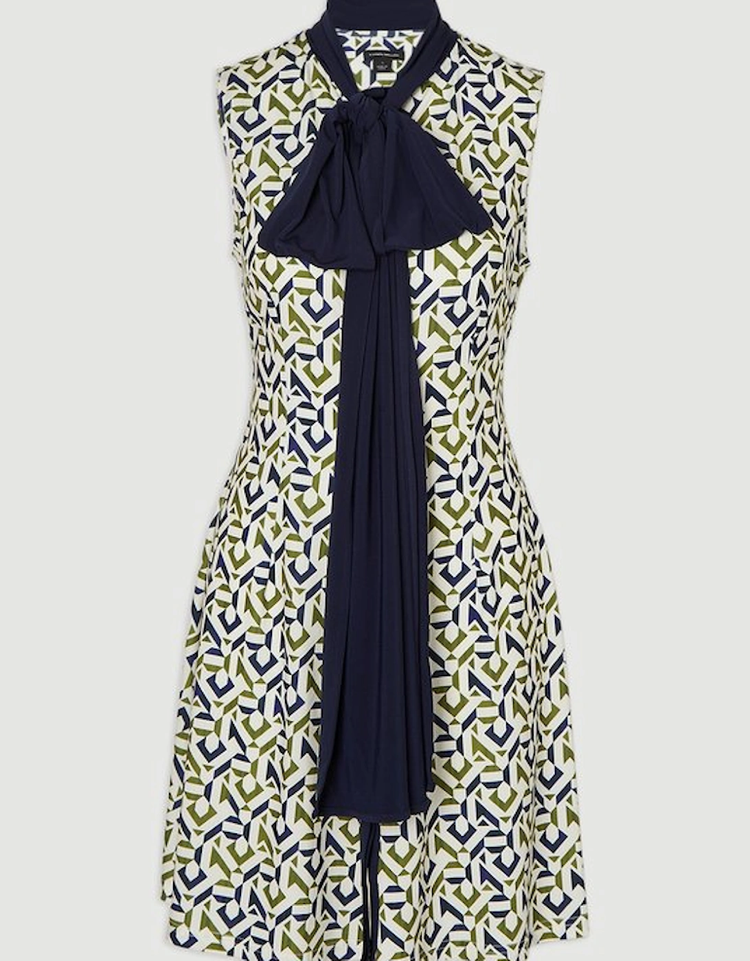 Geo Print Crepe Tie Neck Mini Dress
