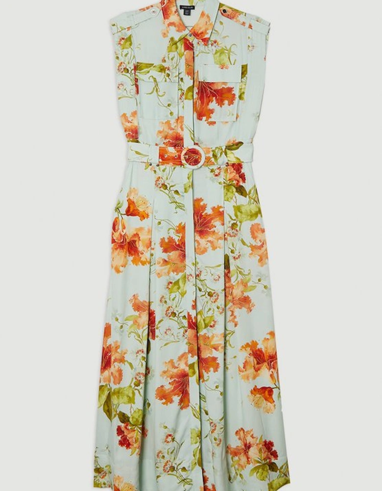 Premium Viscose Linen Floral Belted Woven Midi Dress With Gold Hardware Detail