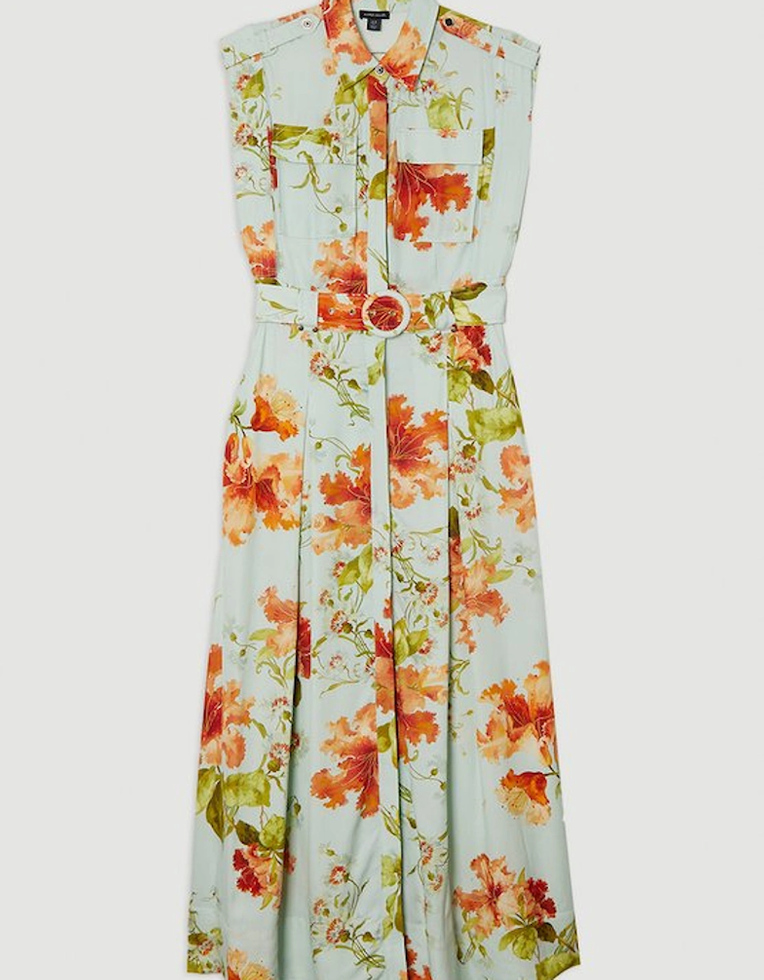 Premium Viscose Linen Floral Belted Woven Midi Dress With Gold Hardware Detail