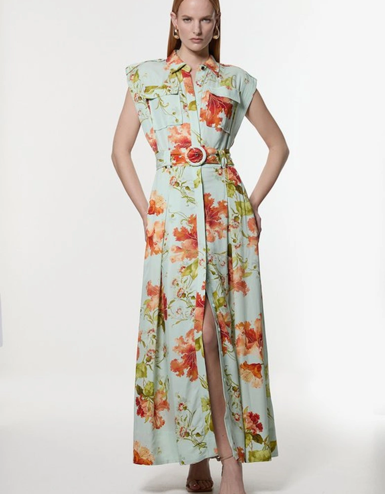 Premium Viscose Linen Floral Belted Woven Midi Dress With Gold Hardware Detail